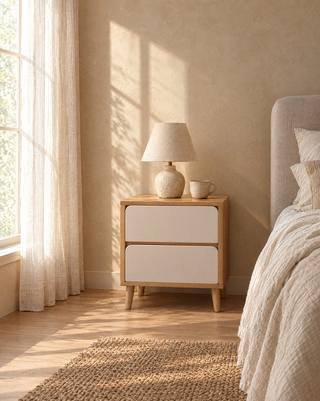 Oak and cream bedside table with two handle-free drawers with a ceramic lamp in morning light