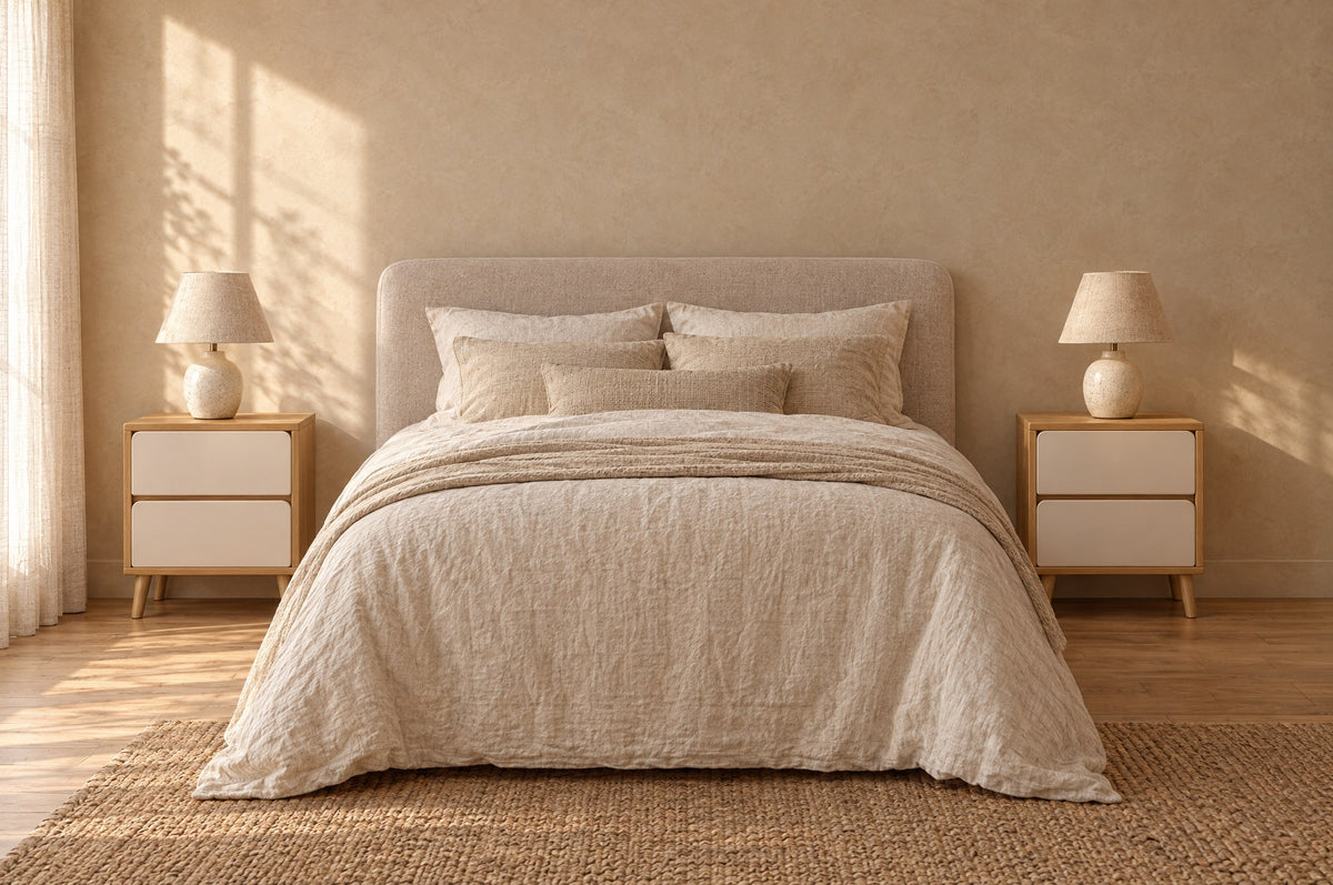 Pair of oak and cream bedside tables with two handle-free drawers on each side of a double bed