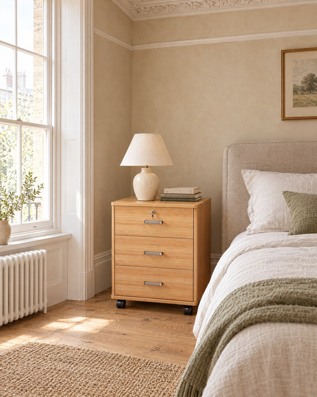 Oak-effect three-drawer bedside cabinet on castors beside a linen bed in a British bedroom with a sash window
