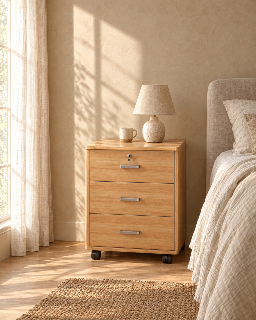 Oak-effect bedside cabinet with a ceramic lamp in morning light