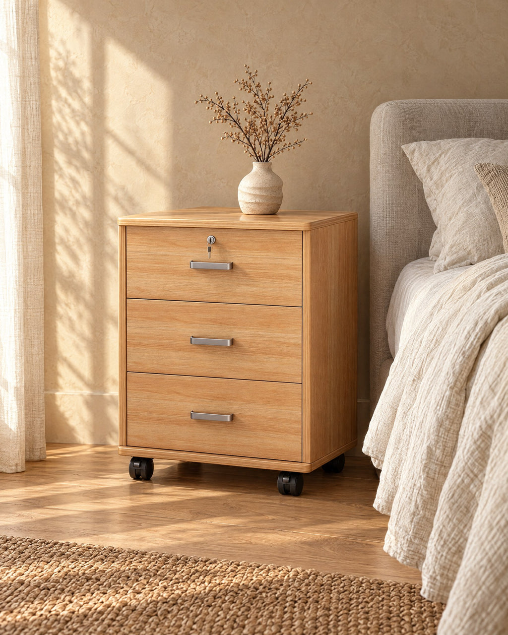 Three-quarter view of the oak-effect bedside cabinet showing its black castors