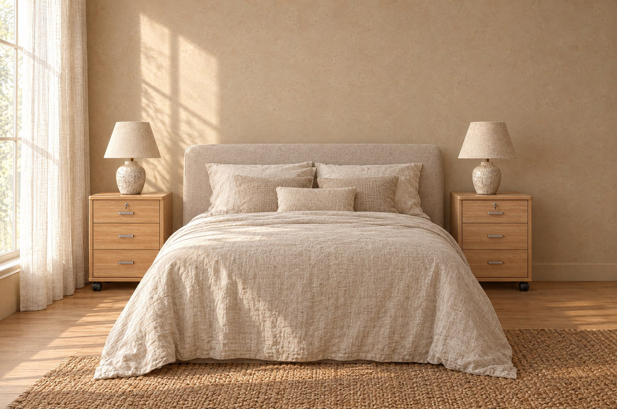 Pair of oak-effect bedside cabinets on wheels on each side of a double bed