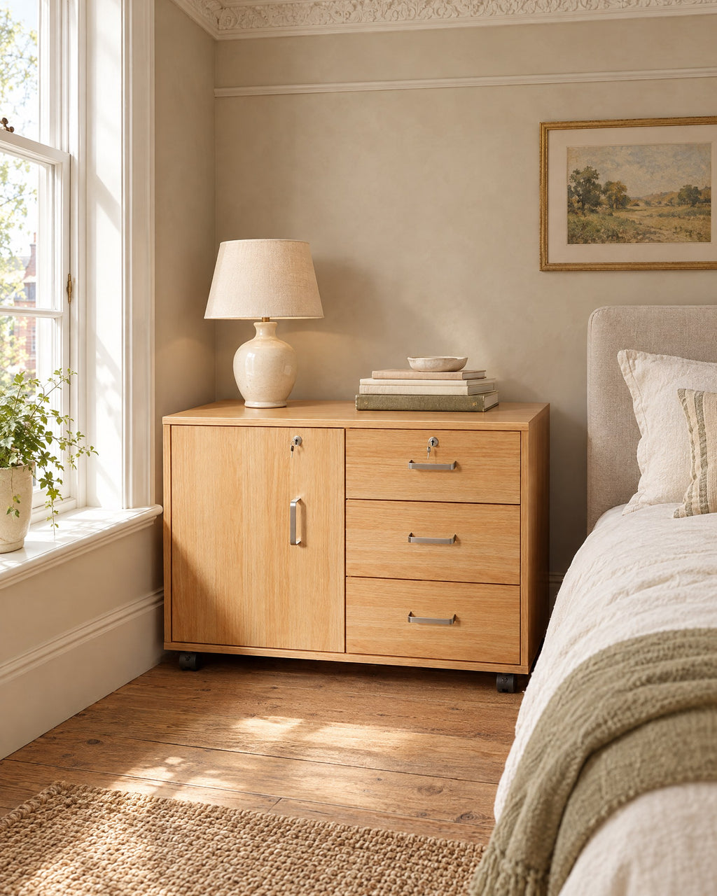 Oak bedside cabinet with a door and three drawers in a British bedroom with a sash window