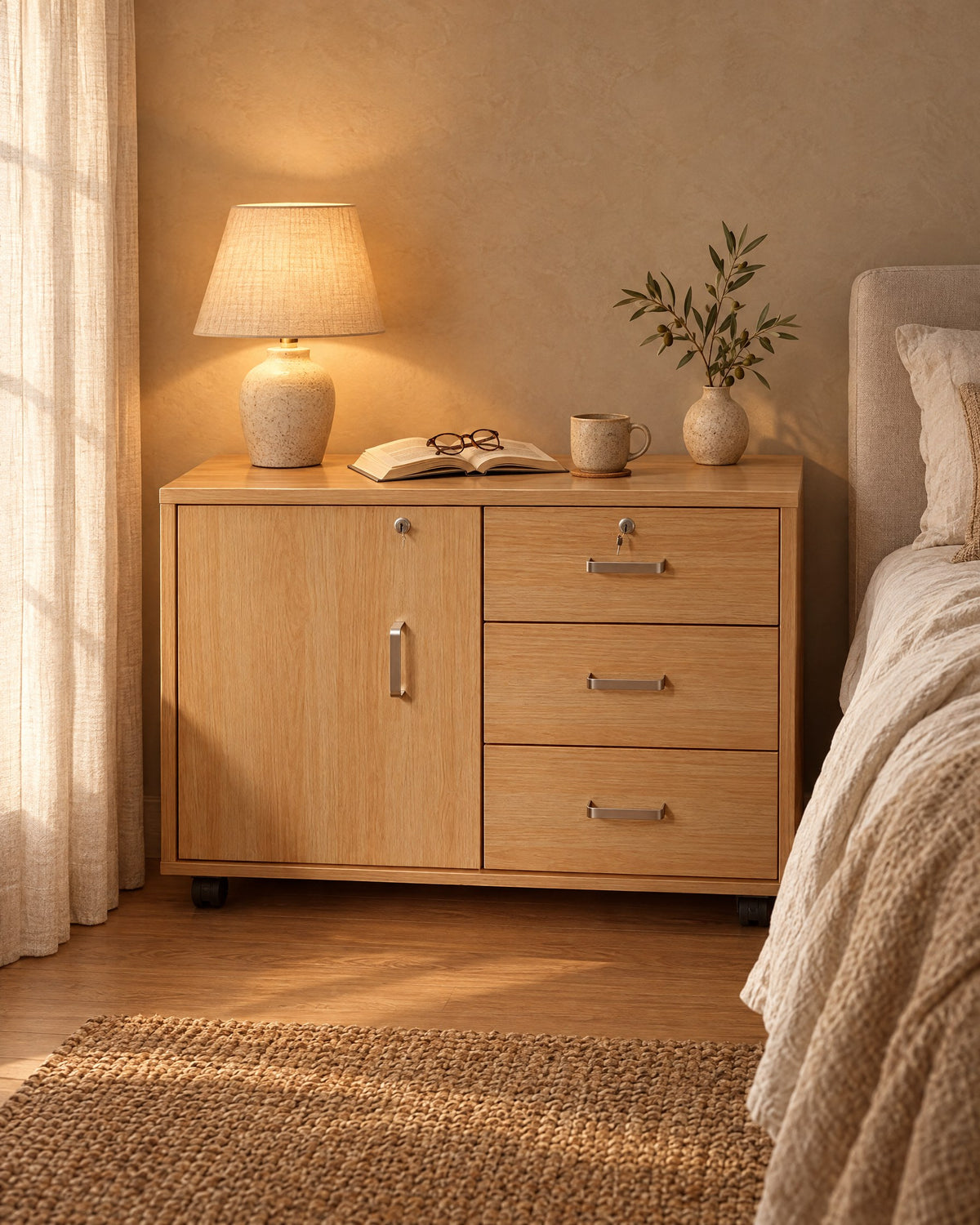 Oak lockable bedside cabinet with a lamp switched on and an open book in the evening