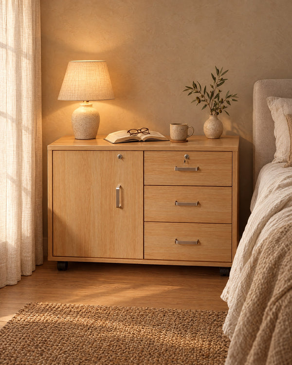 Oak Lockable Bedside Cabinet with Door, 3 Drawers and Castors
