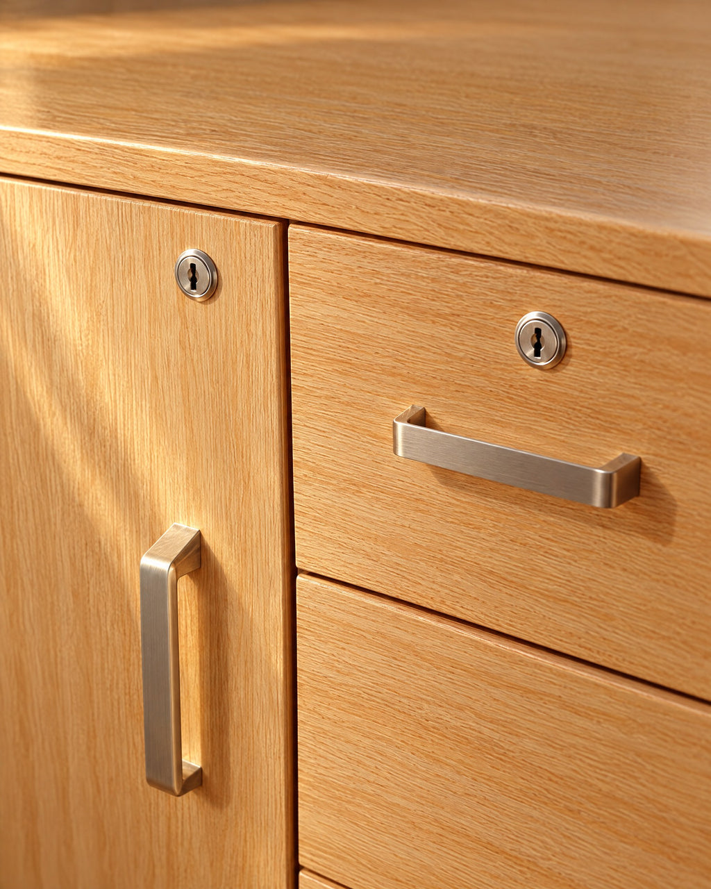 Close-up of the key locks and brushed-steel handles on the oak door and drawer