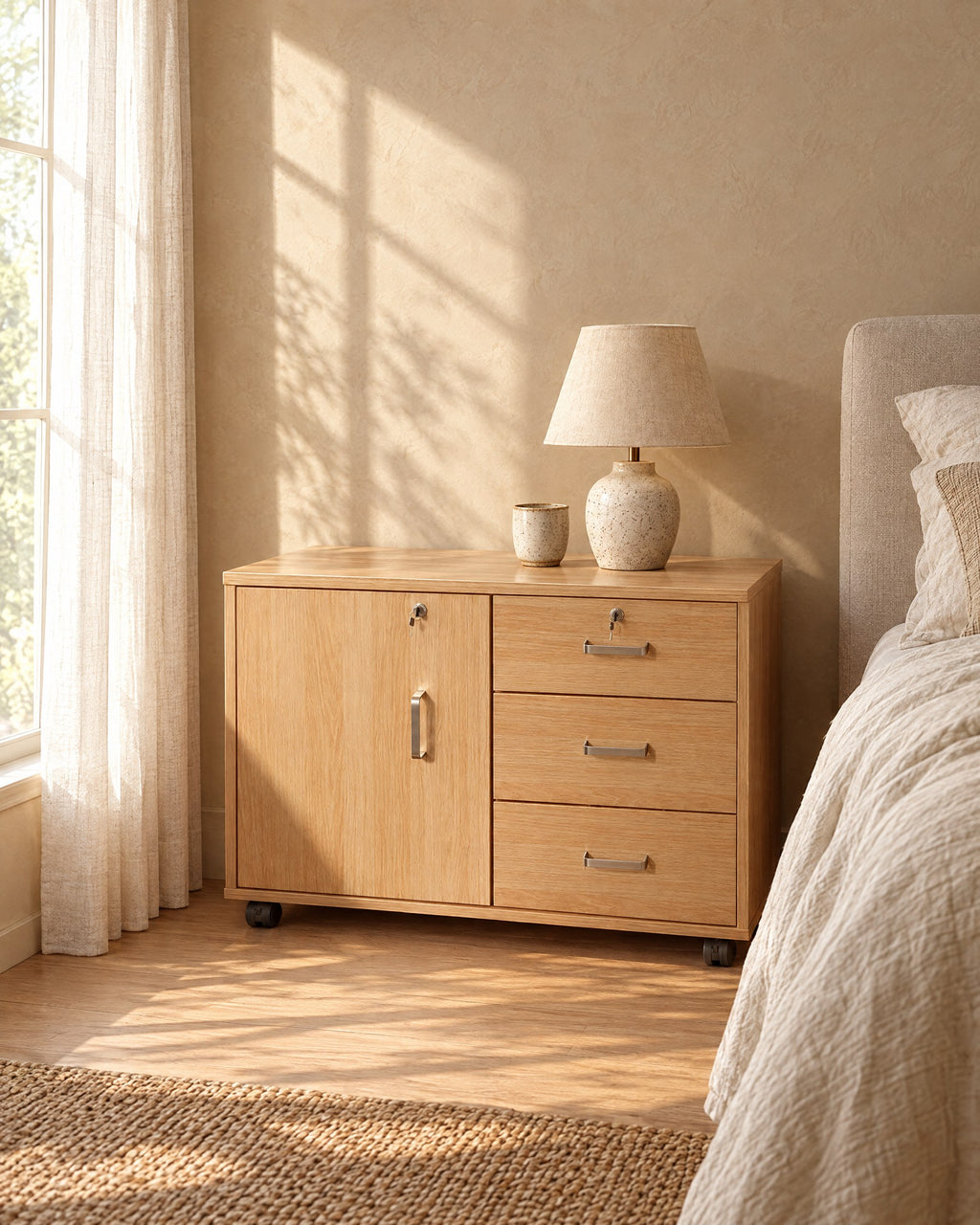 Oak lockable bedside cabinet on castors in morning light