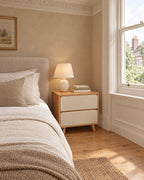 Oak and white bedside table beside a linen bed in a British bedroom with a sash window