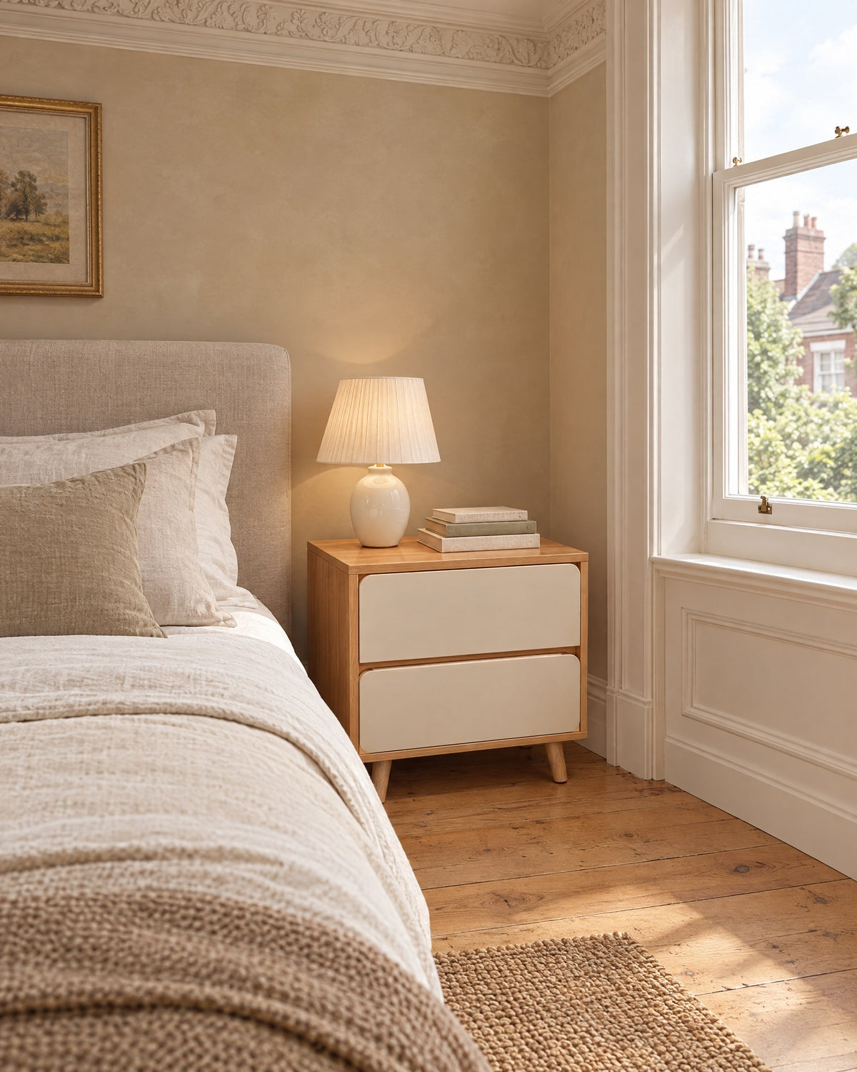 Oak and white bedside table beside a linen bed in a British bedroom with a sash window