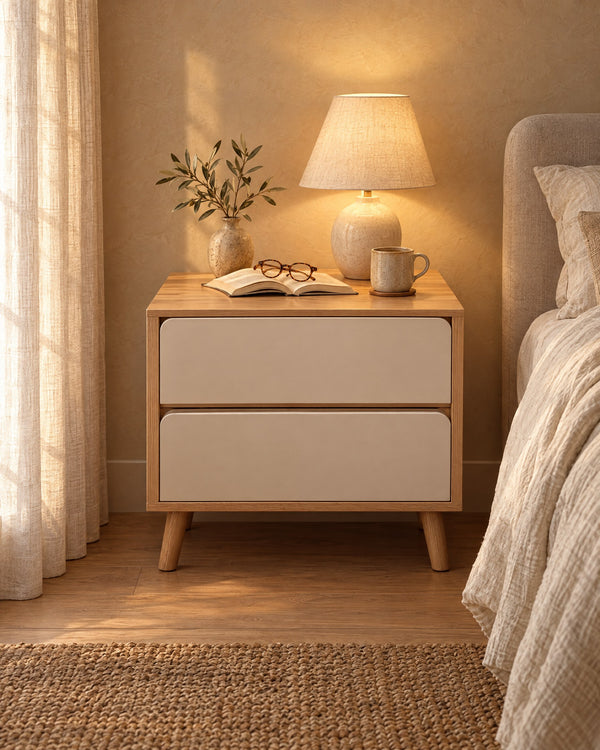 Oak and White Bedside Table with 2 Handle-Free Drawers