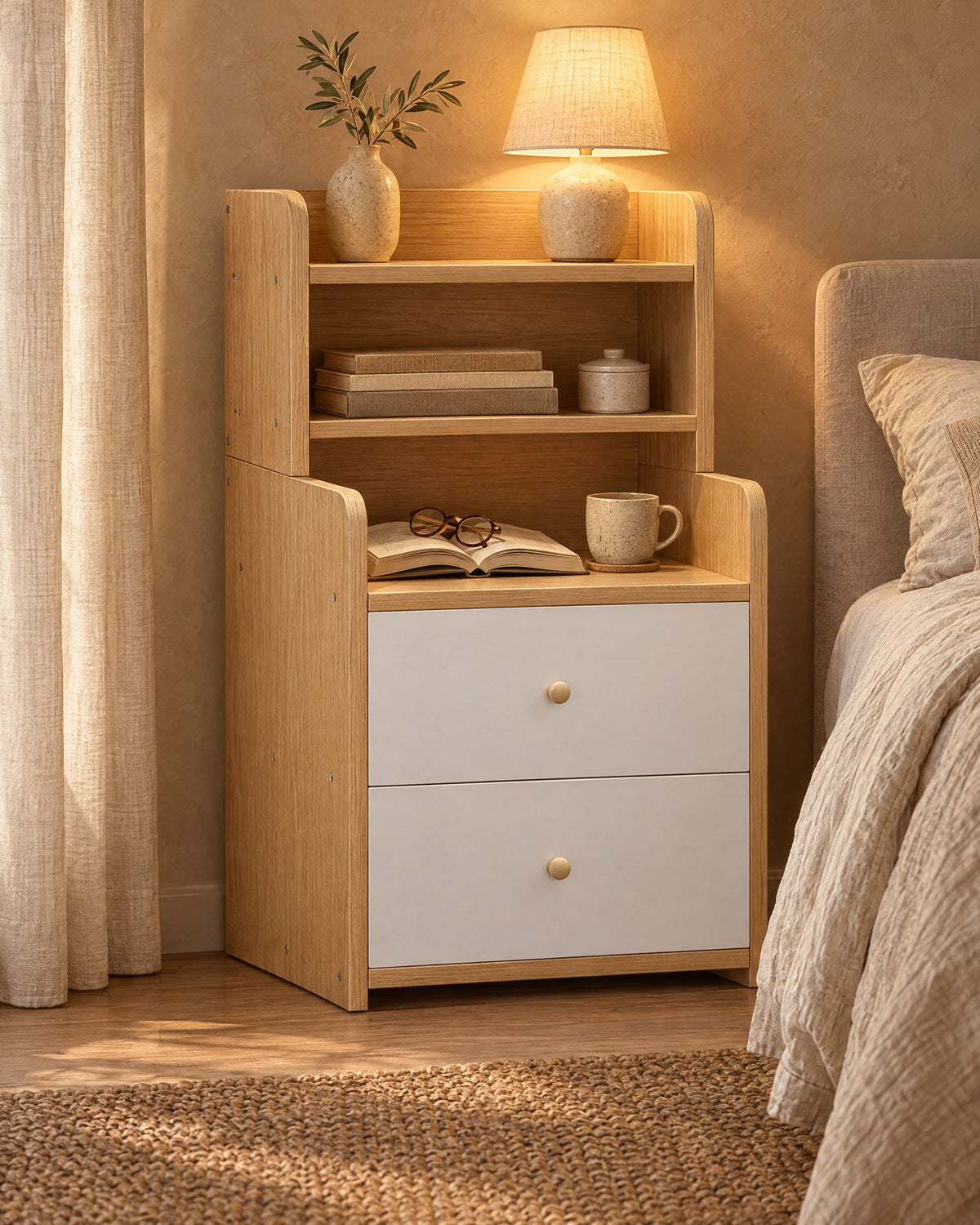 Oak and white bedside table with hutch shelves, lamp switched on and an open book in the evening