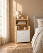 Oak and white bedside table with hutch shelves in warm morning light
