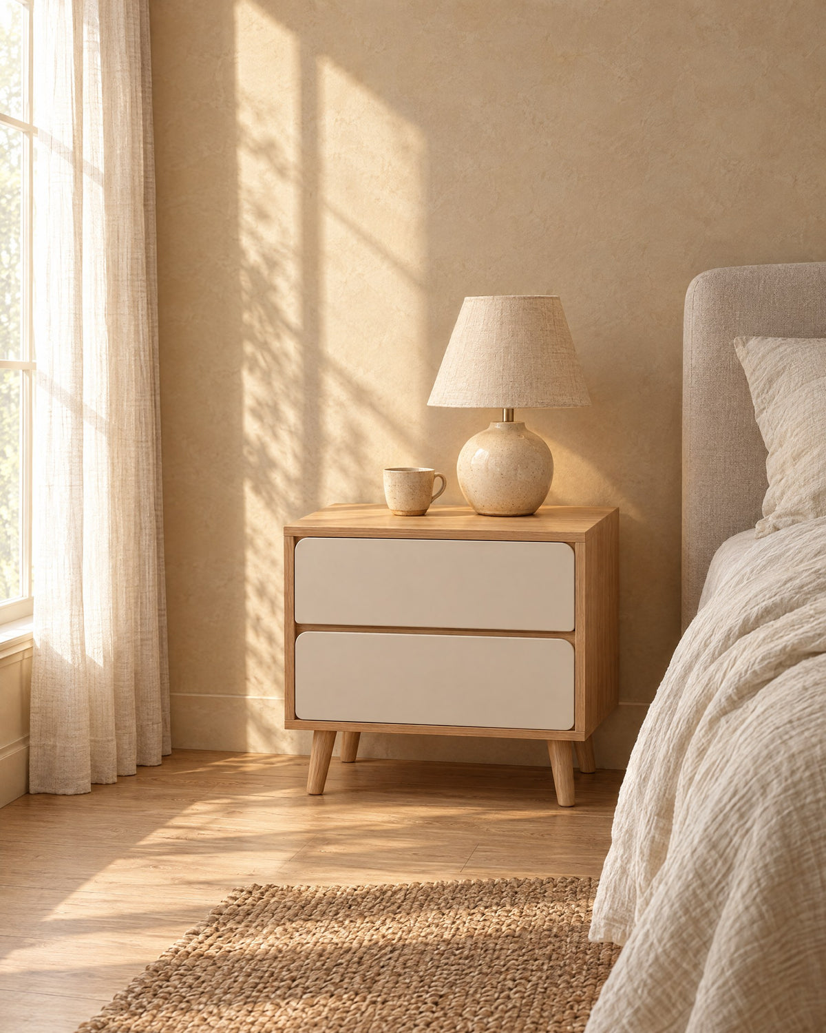 Oak bedside table with two cream-white drawers in morning light