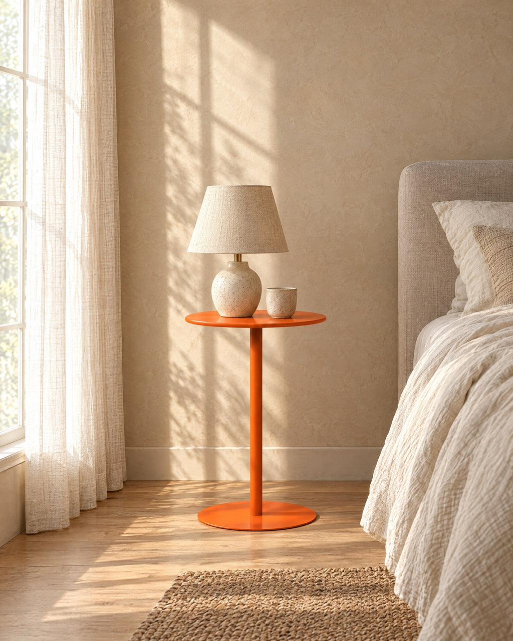 Orange metal pedestal side table in warm morning light with window shadows on the wall