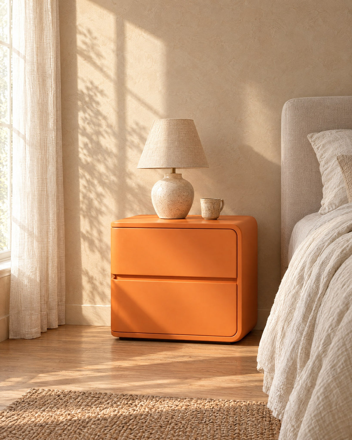 Orange rounded bedside table in warm morning light