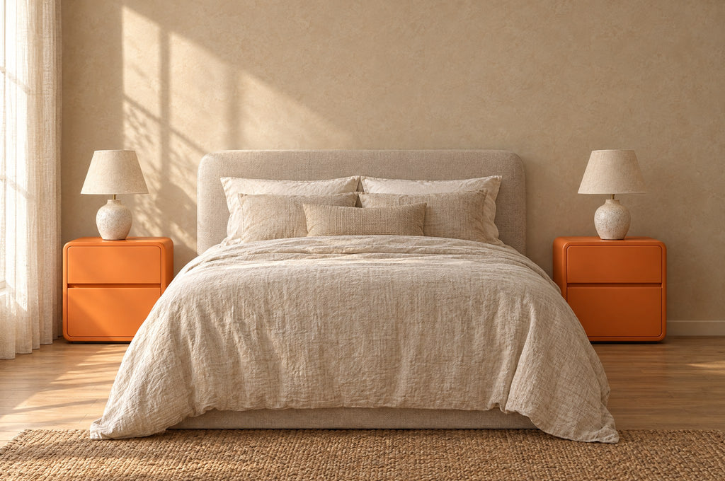 Pair of orange rounded bedside tables on each side of a double bed