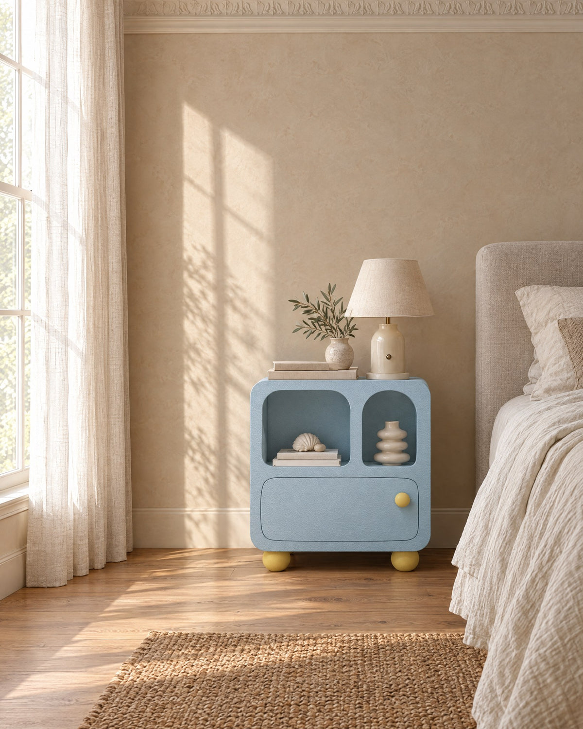 Pastel blue bedside cabinet with arched niches beside a linen bed in a British bedroom with a sash window