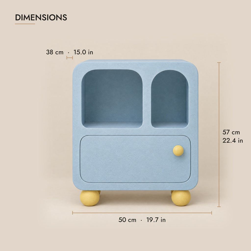 Pastel blue bedside cabinet with arched niches dimensions: 50 x 38 x 57 cm (W x D x H)