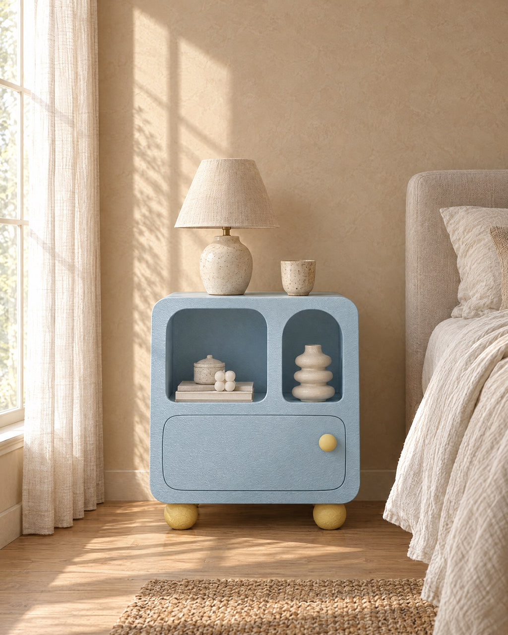 Pastel blue bedside cabinet with arched niches in warm morning light