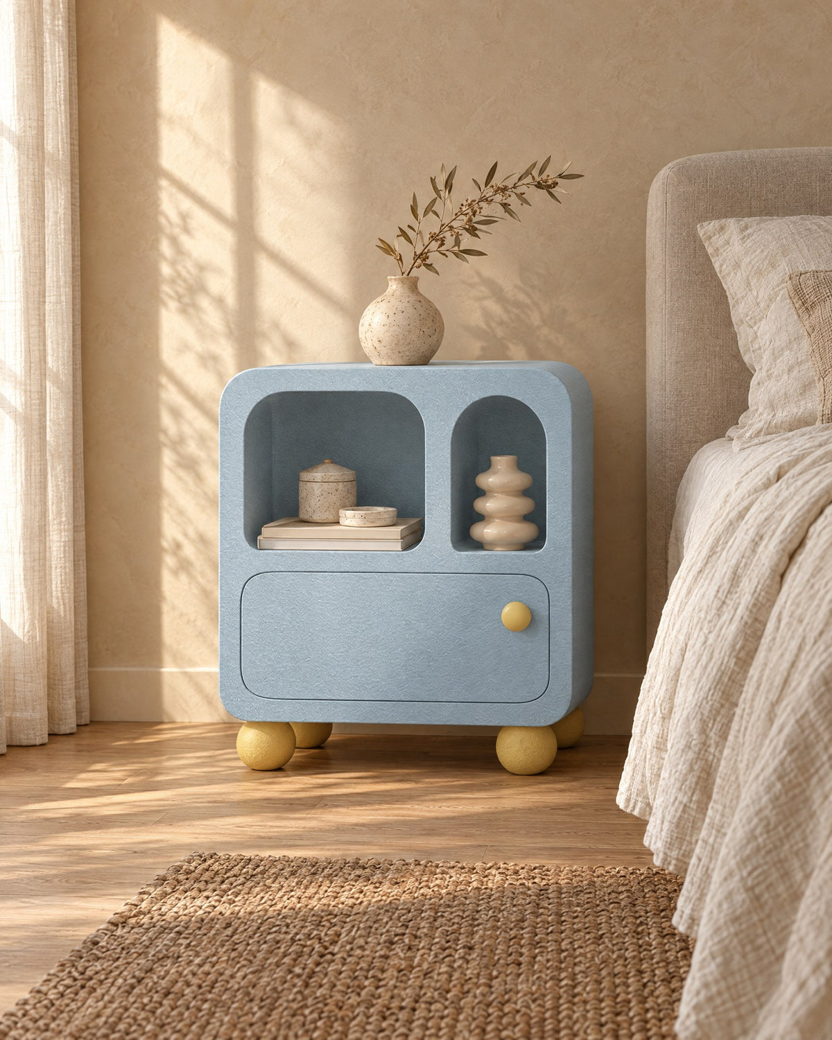 Three-quarter view of the pastel blue bedside cabinet with arched niches