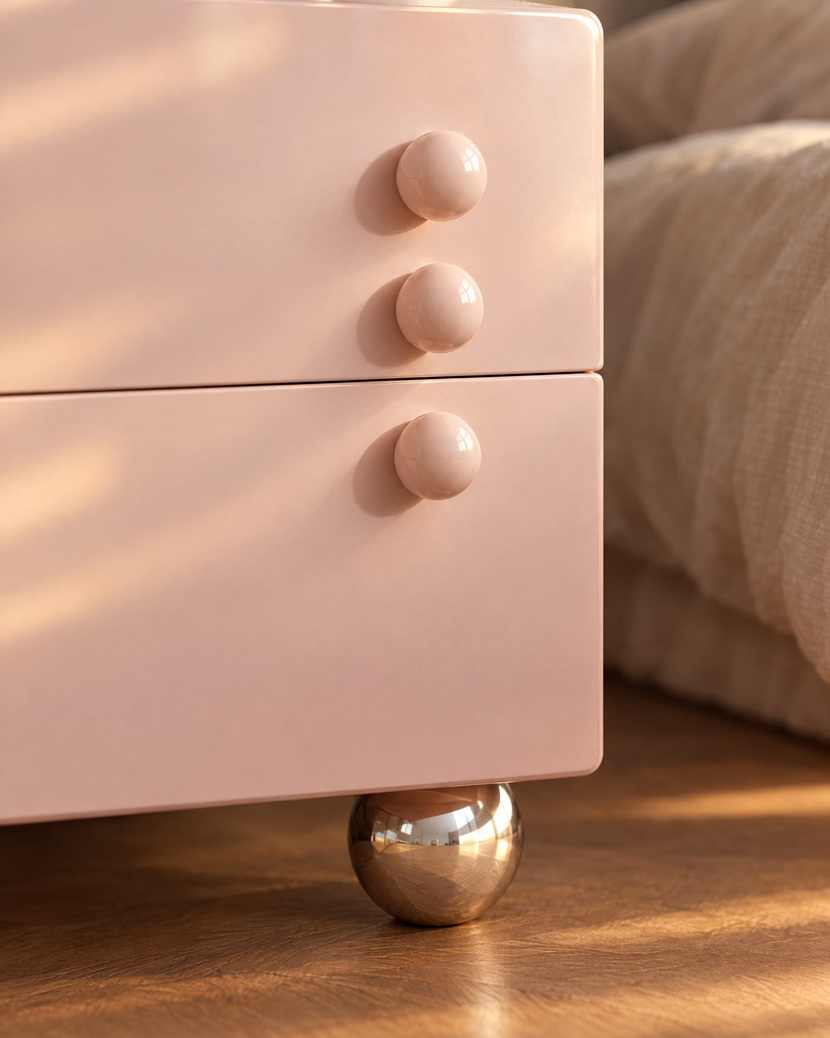 Close-up of the round pink knobs and a chrome ball foot