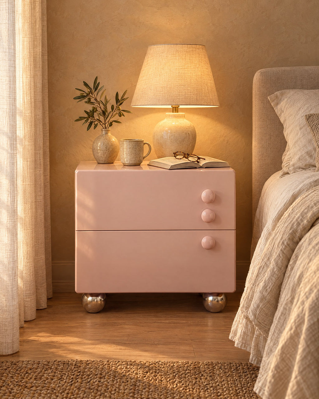 Pink Bedside Table with a lamp switched on and an open book in the evening