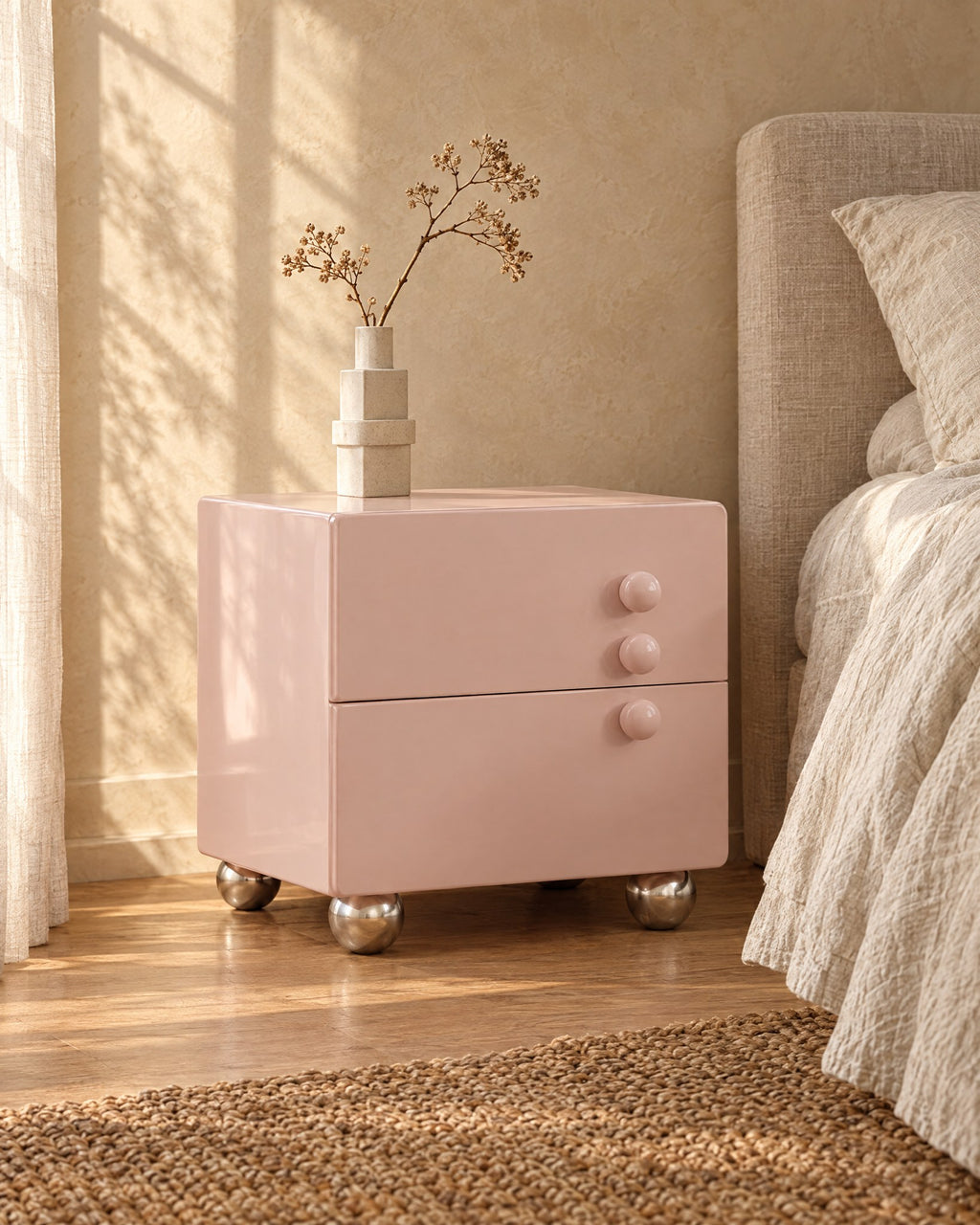 Three-quarter view of the pink bedside table on its chrome ball feet