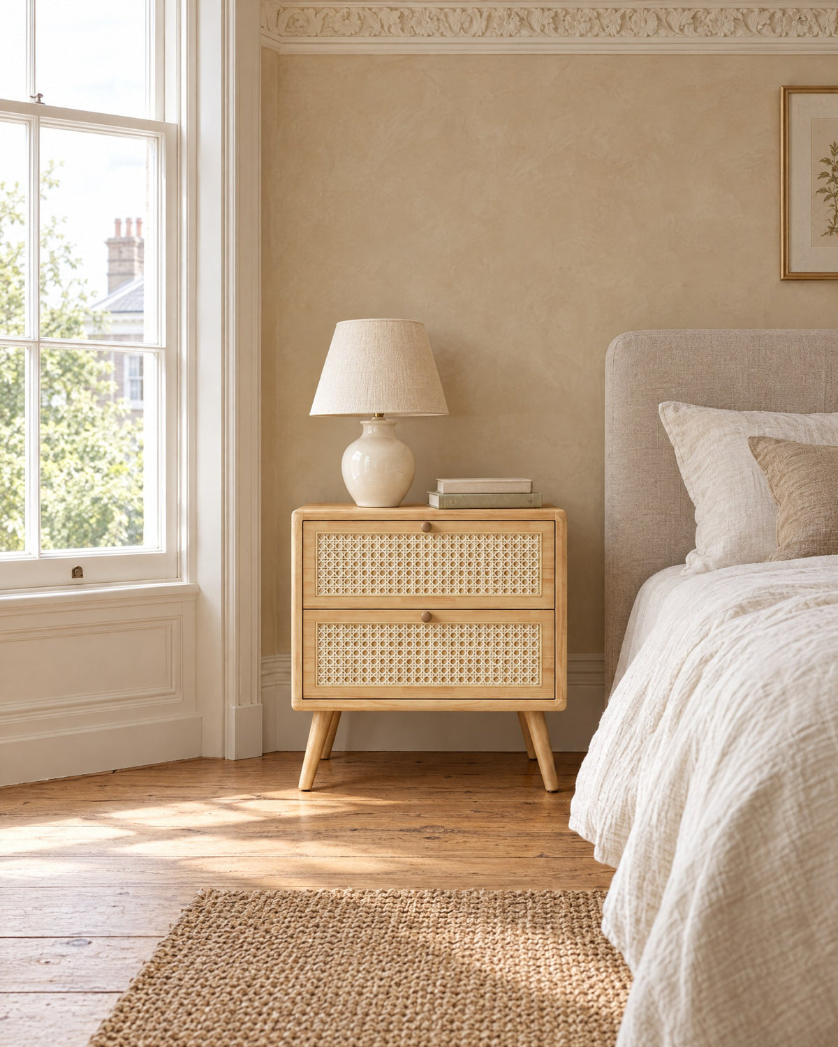 Rattan bedside table with cane drawers beside a linen bed in a British bedroom with a sash window