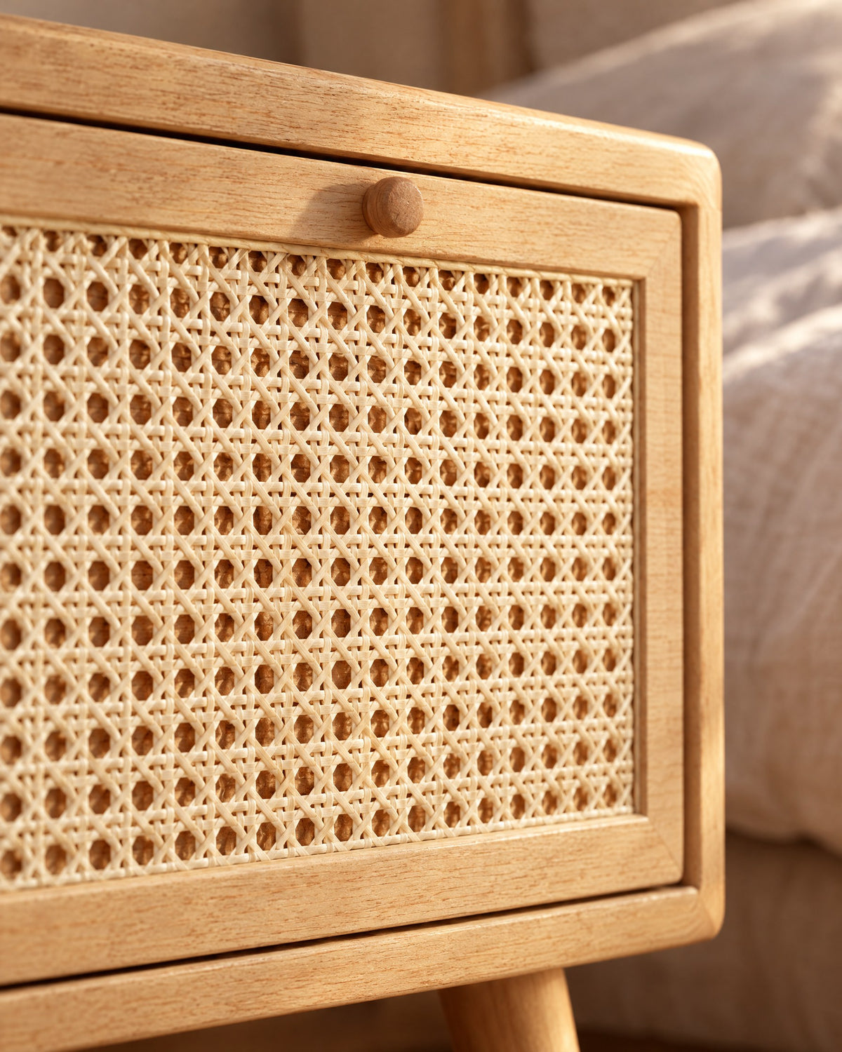 Close-up of the woven cane drawer front and its round wooden knob
