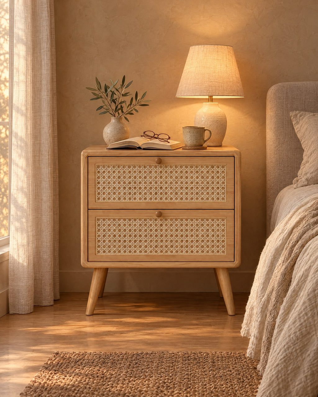 Rattan bedside table with two cane drawers, a lamp switched on and an open book in the evening