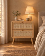 Rattan bedside table with two cane drawers, a lamp switched on and an open book in the evening