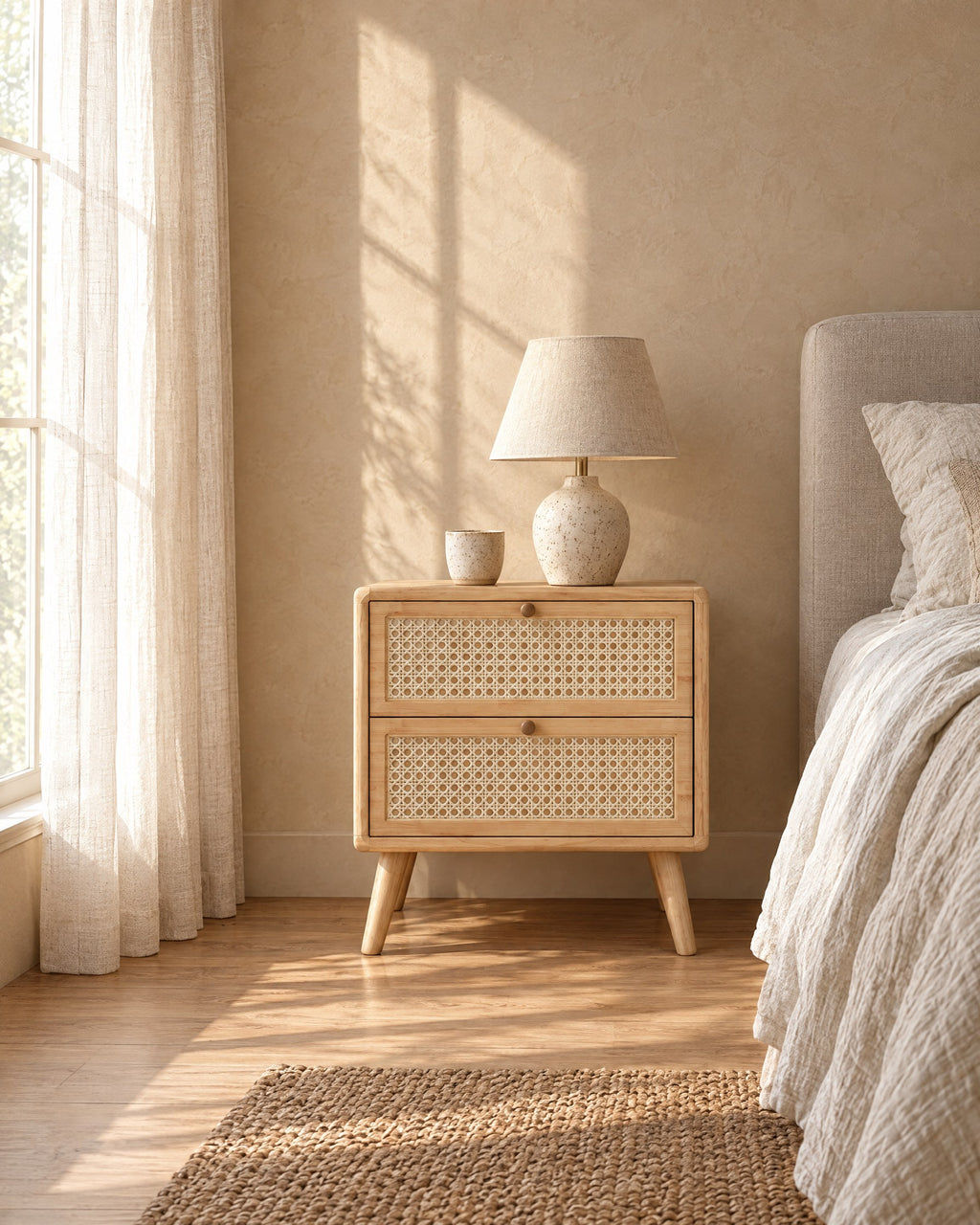 Rattan bedside table with a ceramic lamp in morning light