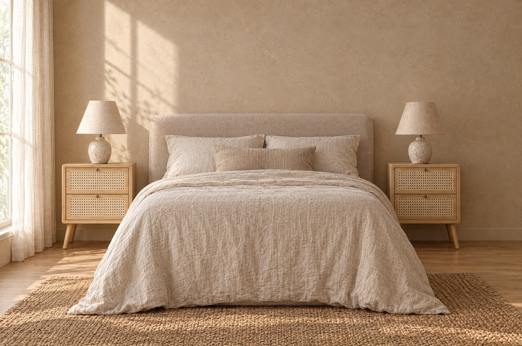 Pair of rattan bedside tables with cane drawers on each side of a double bed