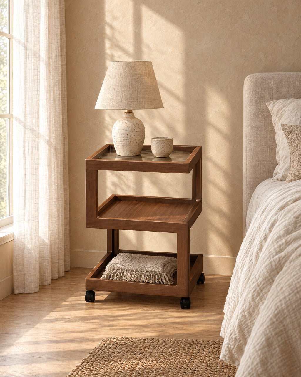 Walnut-effect rolling bedside table with three open tiers with a ceramic lamp in morning light