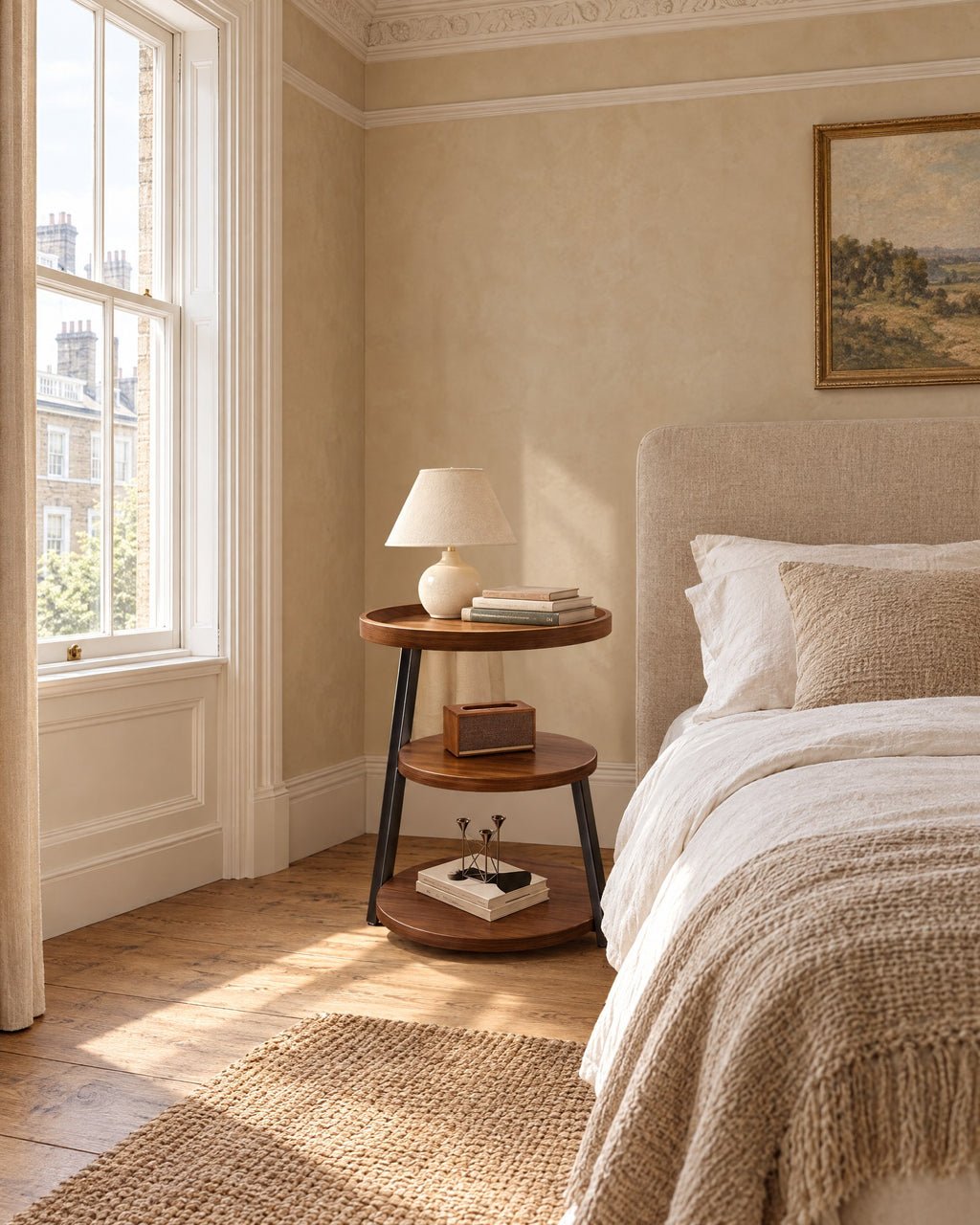 Round three-tier walnut-tone bedside table with black metal legs beside a linen bed in a British bedroom with a sash window