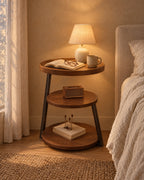 Round three-tier walnut-tone bedside table with black metal legs, lamp switched on and an open book in the evening