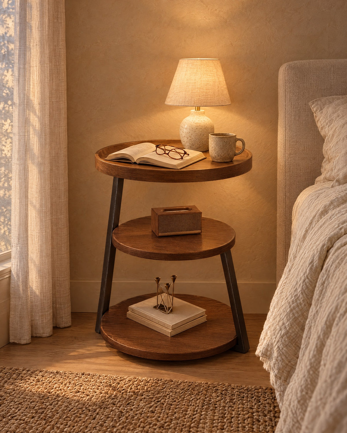 Round three-tier walnut-tone bedside table with black metal legs, lamp switched on and an open book in the evening