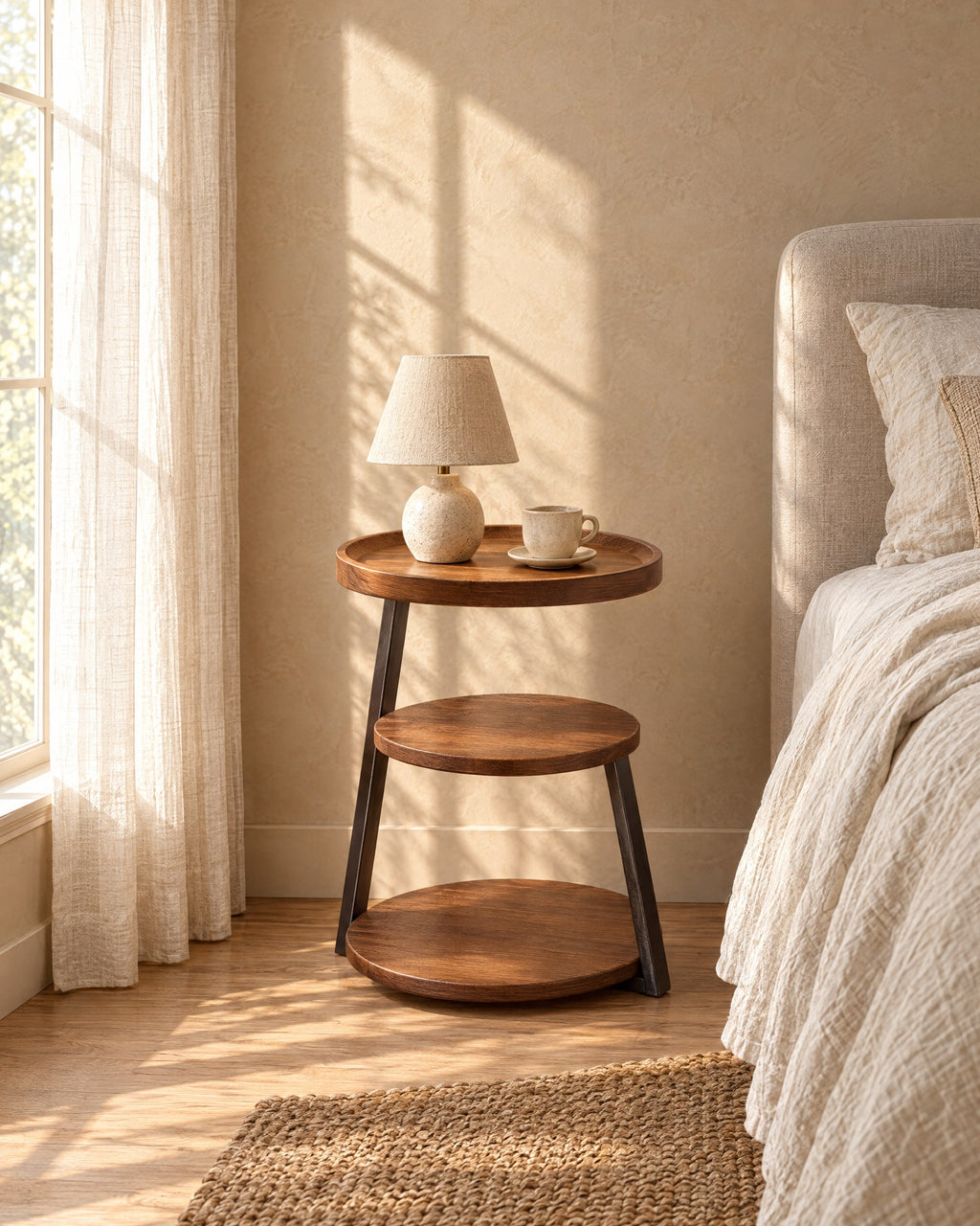 Round three-tier walnut-tone bedside table with black metal legs with a ceramic lamp in morning light