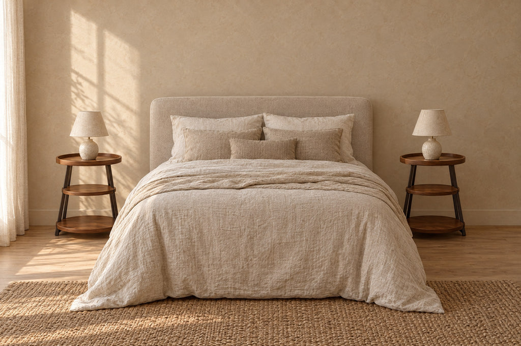 Pair of round three-tier walnut-tone bedside tables with black metal legs either side of a double bed