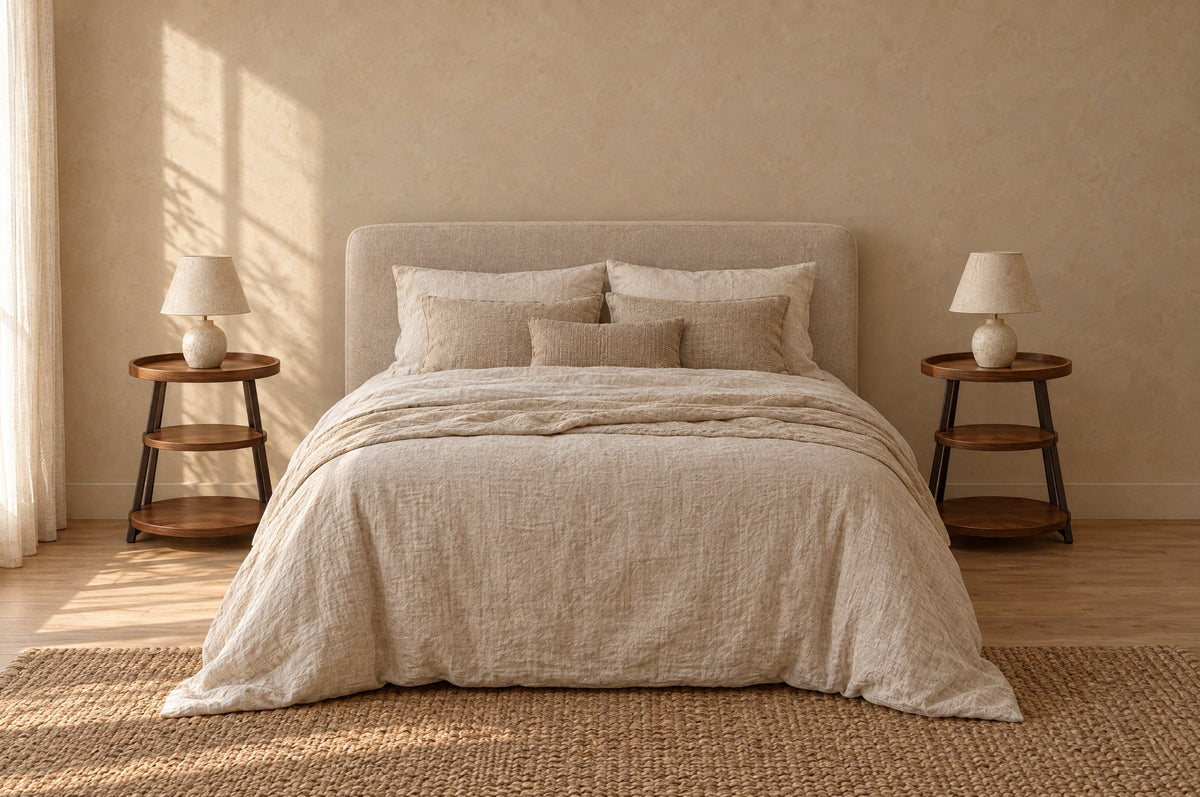 Pair of round three-tier walnut-tone bedside tables with black metal legs either side of a double bed