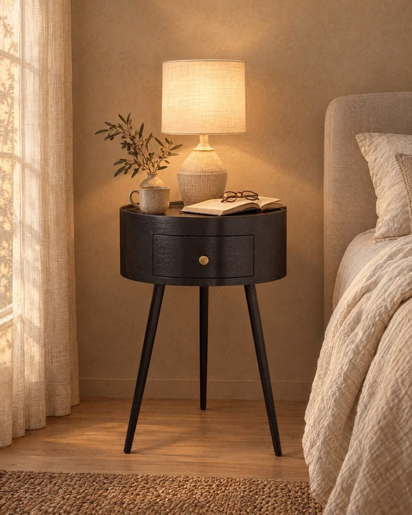 Round Black Bedside Table with Drawer and Tripod Legs