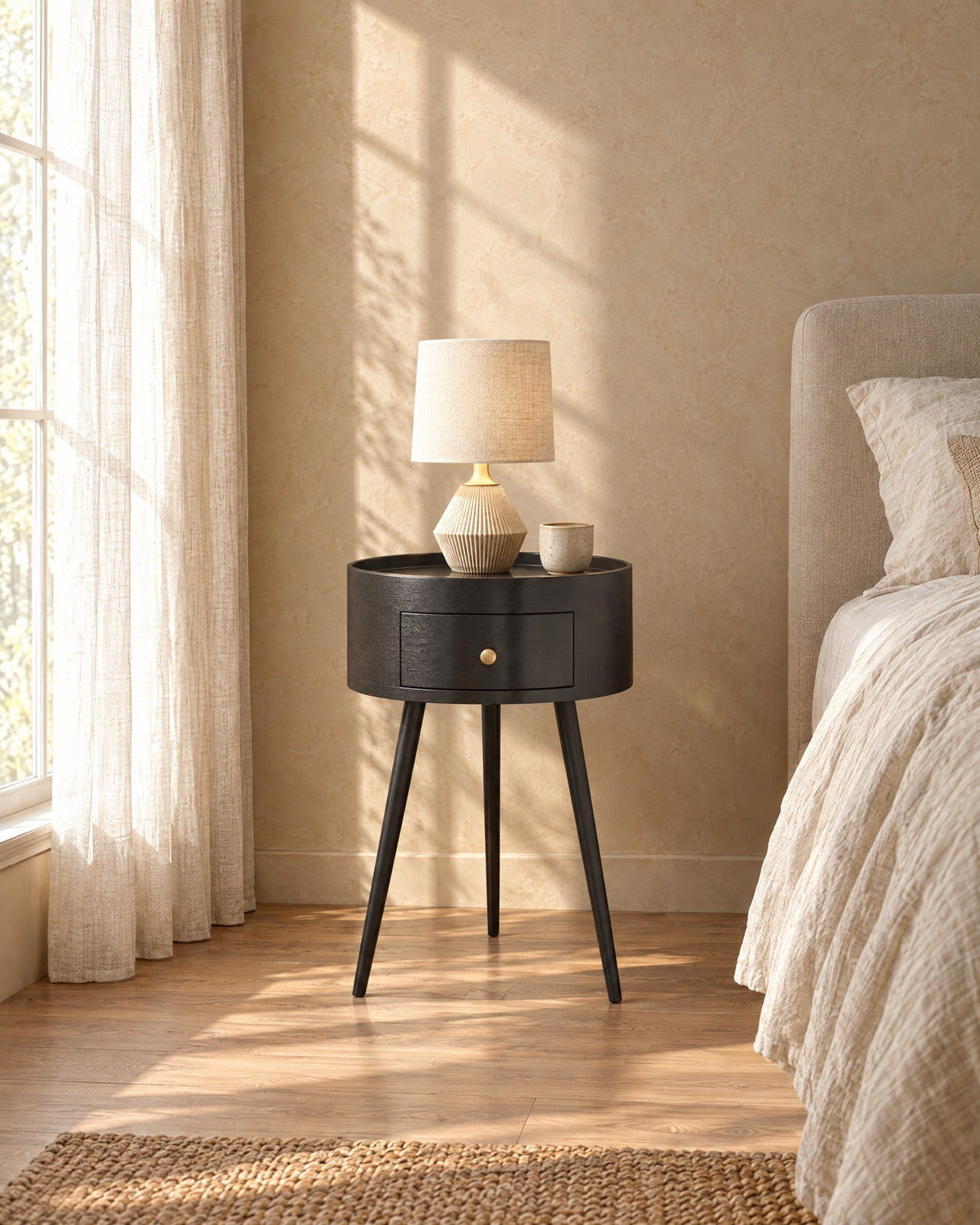 Round black bedside table with drawer in warm morning light with window shadows on the wall