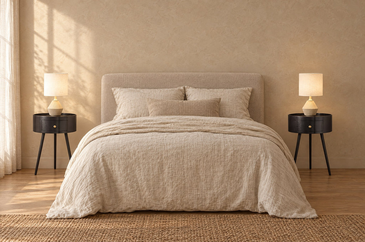 Pair of round black bedside tabless with drawer on each side of a double bed