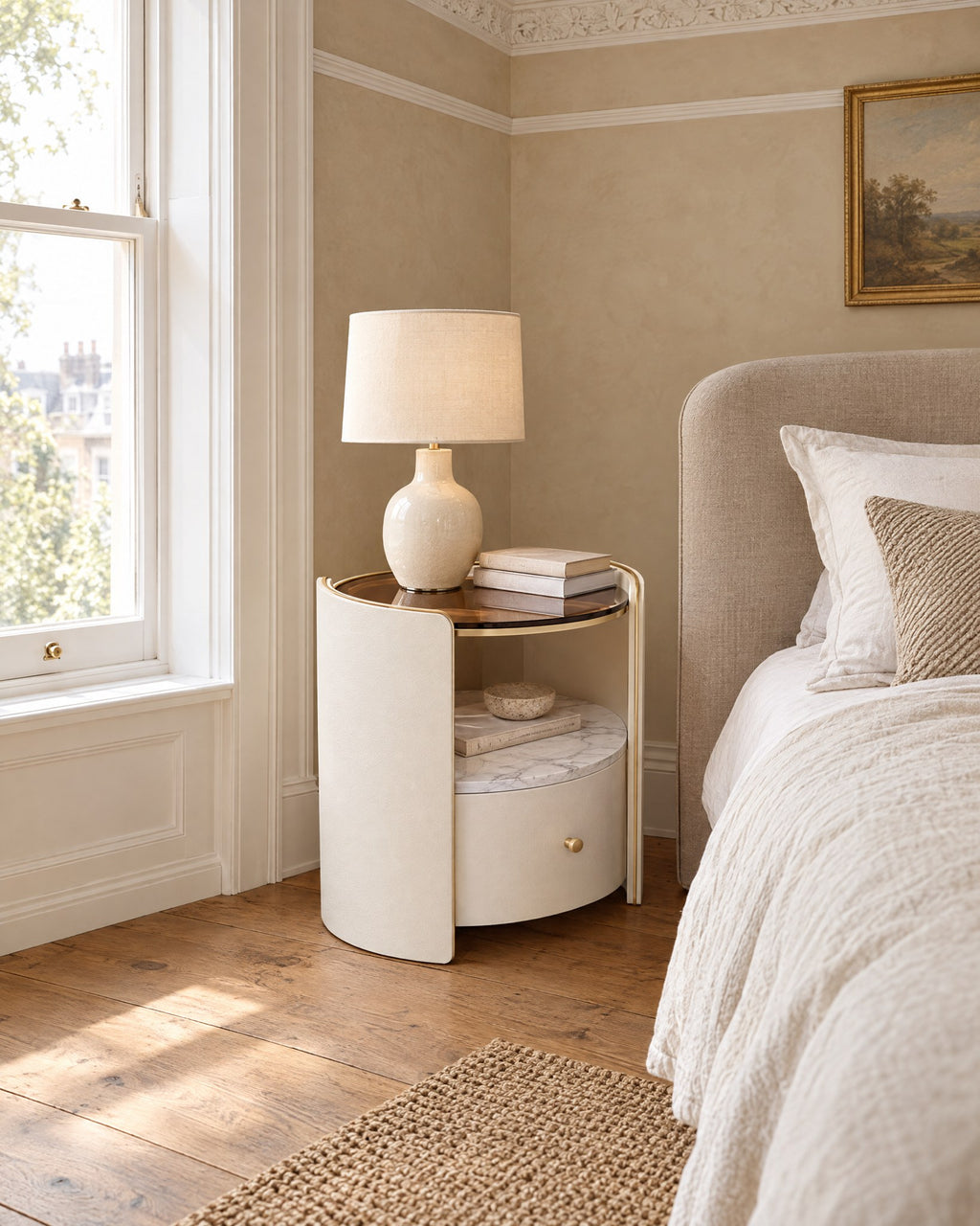 Round cream bedside table with glass top beside a linen bed in a British bedroom with a sash window