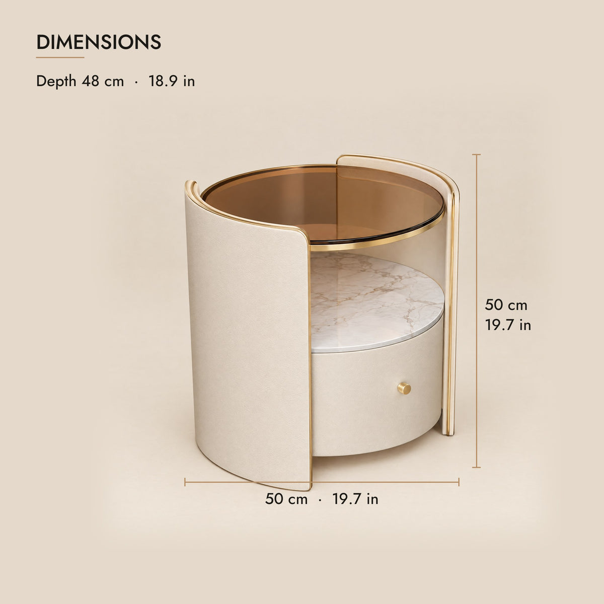 Round cream bedside table dimensions: 50 cm wide, 48 cm deep, 50 cm high