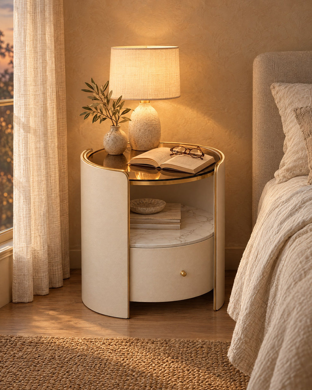 Round cream bedside table with glass top and gold trim, lamp switched on in the evening