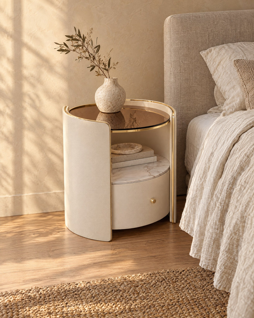 Three-quarter view of the round cream bedside table with its curved panels