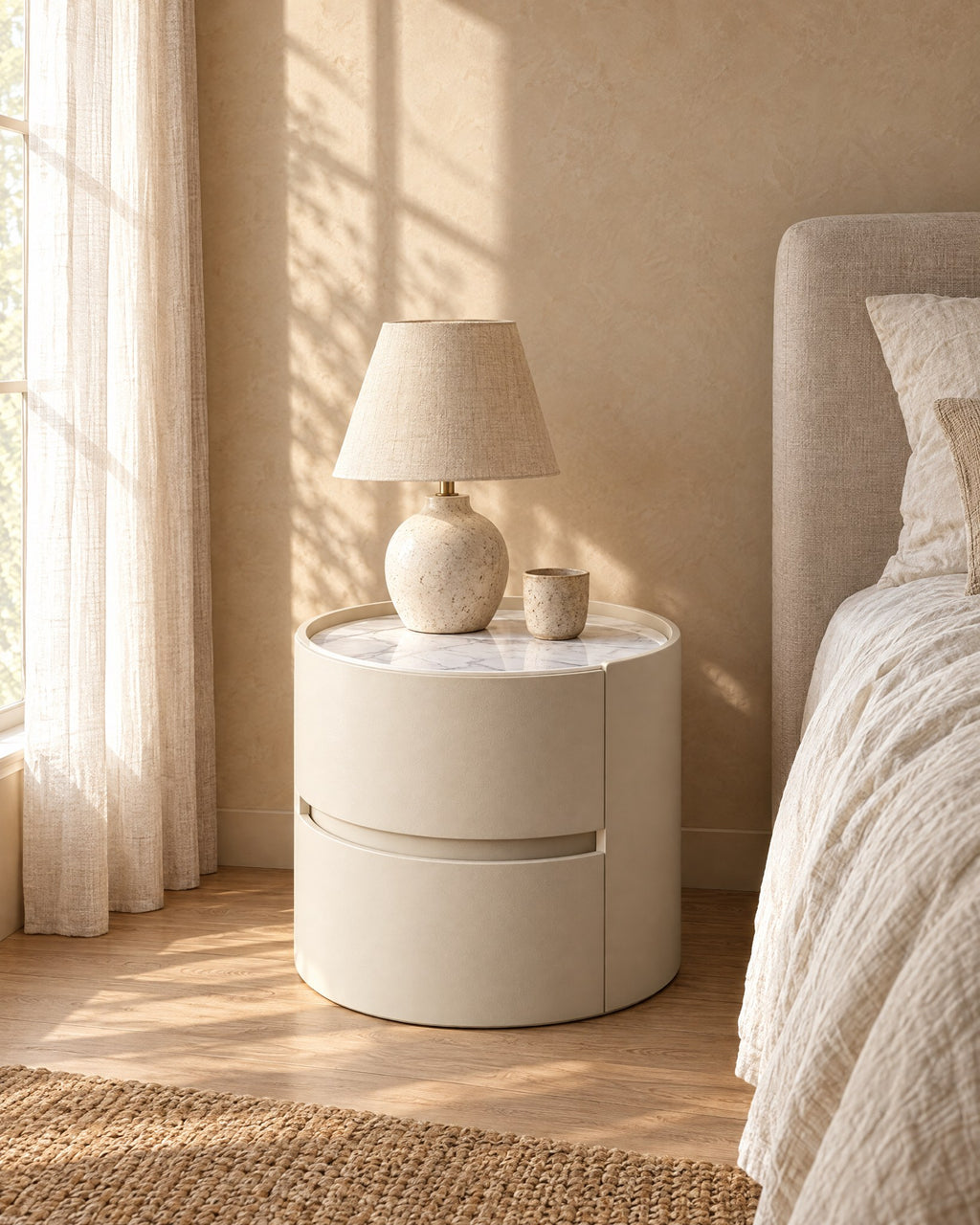 Round cream bedside table with two drawers in morning light