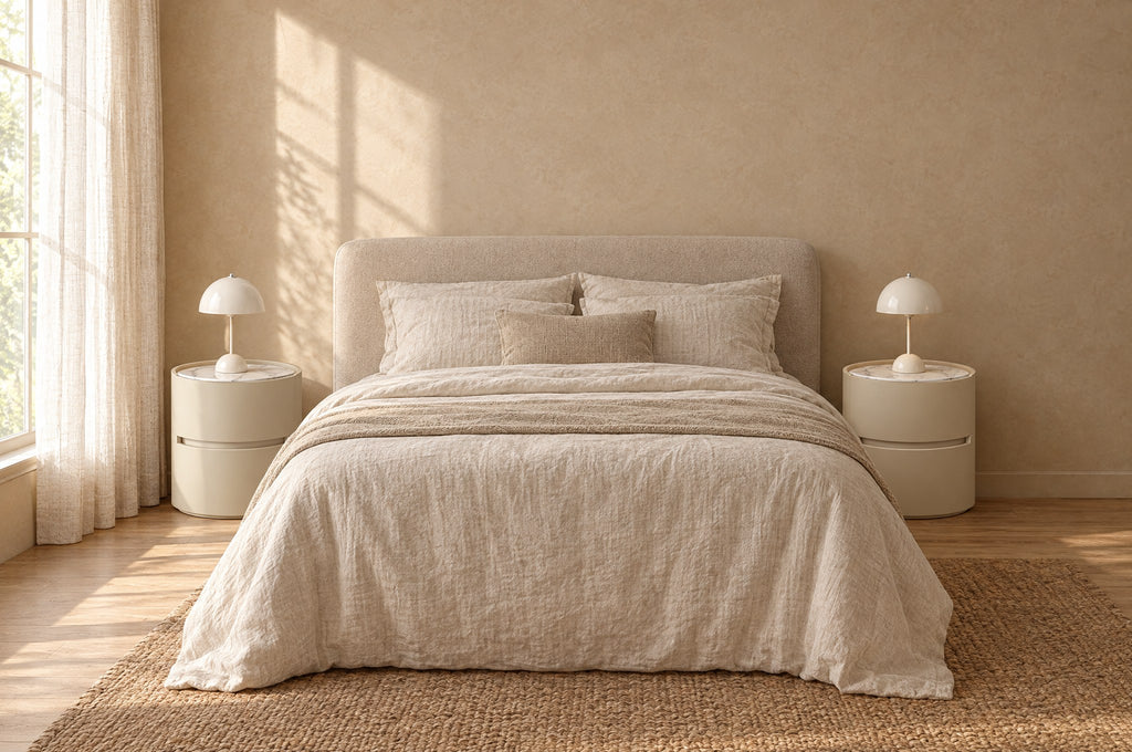 Pair of round cream bedside tables either side of a double bed