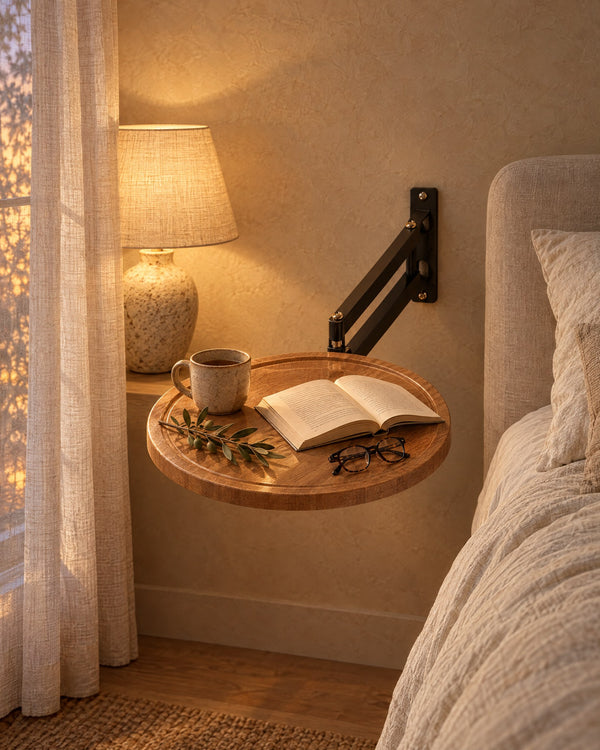 Round Wall-Mounted Bedside Table with Wood-Effect Top and Swing Arm
